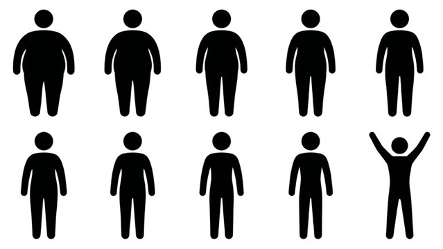 A series of black silhouette icons depicting a progression of human body shapes, starting from overweight and gradually becoming slimmer, ending with a person celebrating in a joyful stance.