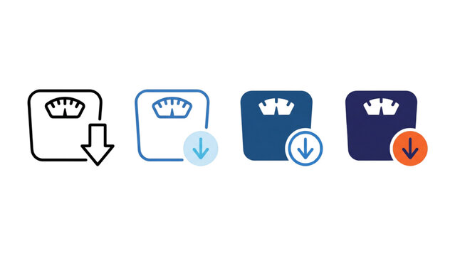 Set of scale icon with a downward arrow indicating weight loss or a drop in weight. Icons shown in various styles and colors