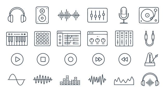Clean flat vector illustration of music production and audio control icons on a light background for app interfaces, studio branding, and sound design.