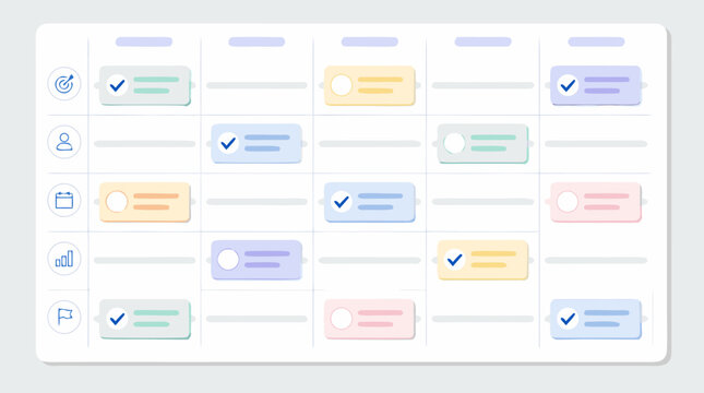 Clean flat vector illustration of a colorful project management schedule board with task cards and checkmarks on a light background for productivity apps.