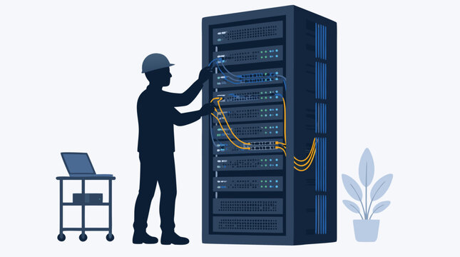 Clean flat vector illustration of a data center technician connecting cables in a server rack on a light background for IT support and network hosting promotions.