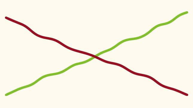Clean flat vector illustration on a light background showing green upward and red downward crossing trend lines, ideal for business growth, decline, market comparison, or financial reports.