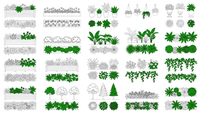 A collection of various potted plants and garden elements, including trees and bushes, presented in a top-down view and frontal elevation for architectural planning or design purposes