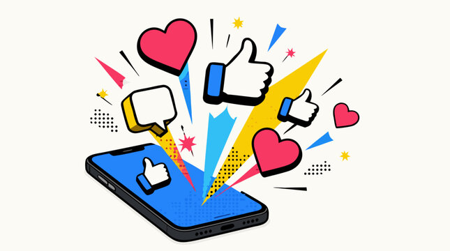 Clean flat vector illustration of a smartphone bursting with social media likes, hearts and comments on a light background for engagement marketing.