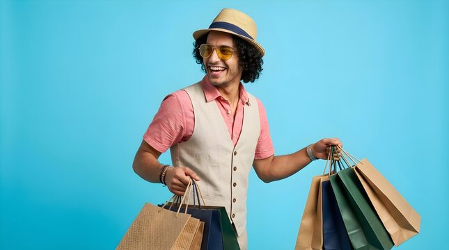 Happy young man with curly hair wearing a straw hat and sunglasses holding many colorful shopping bags on blue background