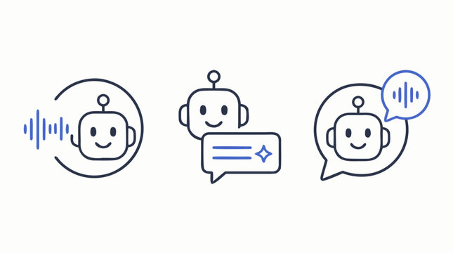 Clean flat vector illustration of friendly AI chatbot heads with speech bubbles and voice waveforms on a light background, ideal for virtual assistant app support branding.