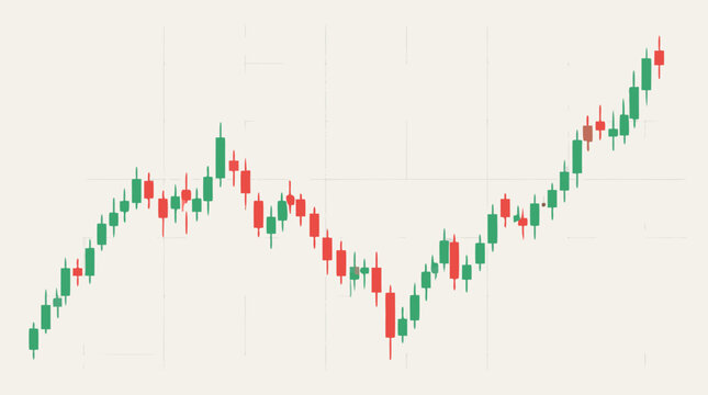 Clean flat vector illustration of a rising candlestick financial chart on a light grid background, ideal for trading, investment, fintech, and market growth presentations.
