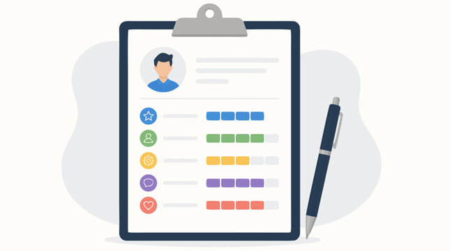 Clean flat vector illustration on a light background showing a candidate profile scorecard on a clipboard with pen, ideal for HR hiring, resume review, and performance evaluation.