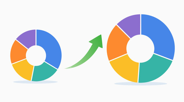 Clean flat vector illustration of colorful donut charts with an upward green arrow on a light background, ideal for business growth analytics presentations.