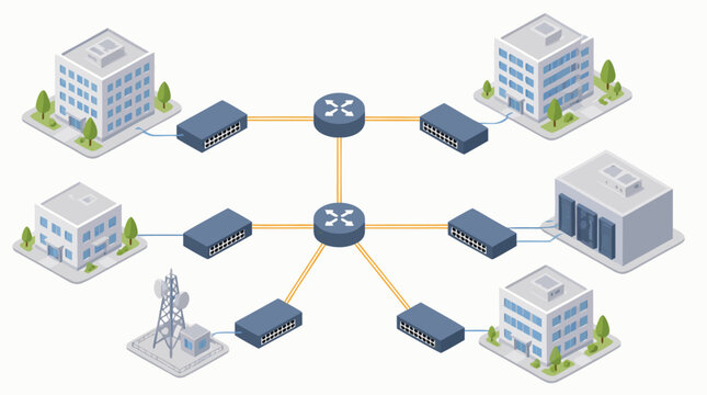 Clean flat vector illustration on a light background showing an isometric computer network linking office buildings, servers and a telecom tower for IT infrastructure design.