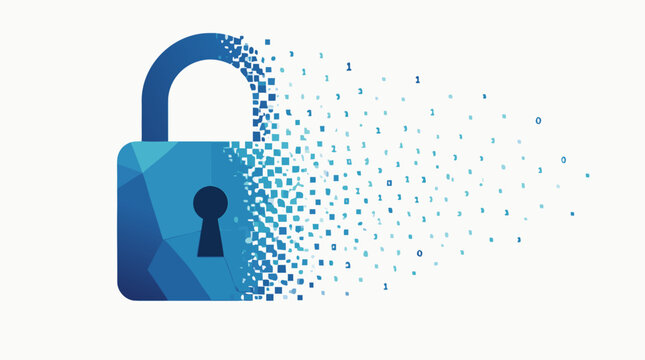 Clean flat vector illustration on a light background showing an unlocked padlock dissolving into binary data, ideal for cybersecurity, encryption, and data breach marketing.