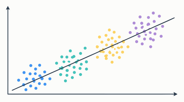 Clean flat vector illustration of a colorful scatter plot with a rising trend line on a light background, ideal for data analytics, business reports, and statistics presentations.