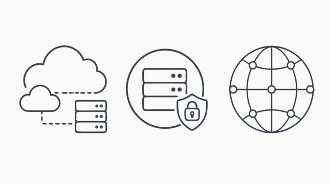 Clean flat vector illustration of cloud hosting, secure server, and global network line icons on a light background for cybersecurity or IT service branding.