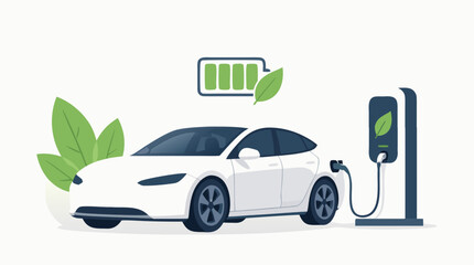 Fototapeta premium Clean flat vector illustration of a white electric car charging at a station with green leaves and battery icon on a light background, ideal for eco mobility marketing.