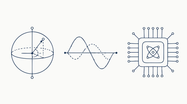 Clean flat vector illustration on a light background showing quantum physics diagrams, a sine wave, and a microchip for science education and technology branding.