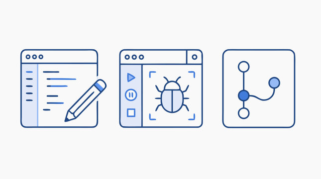 Clean flat vector illustration on a light background showing software coding, bug testing, and workflow nodes for app development, QA, tech services, or programming tutorials.
