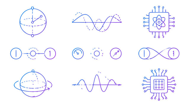 Clean flat vector illustration of quantum computing and physics line icons on a light background, ideal for science technology education, research, and innovation branding.