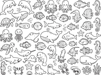 Fototapeta premium Marine life illustration with various sea creatures and coral, black and white
