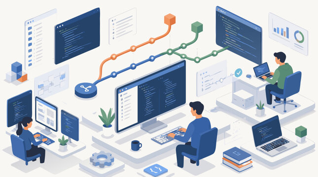 Clean flat vector illustration on a light background showing software developers coding dashboards, analytics, and connected workflows for technology teamwork or app development promotion.