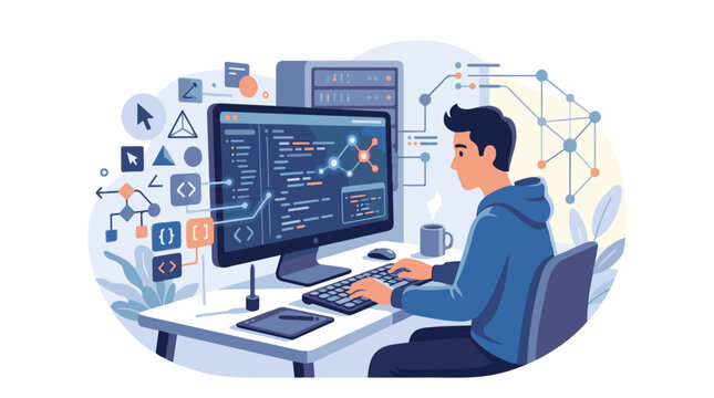 A man in a blue hoodie works on two computer monitors with coding screens