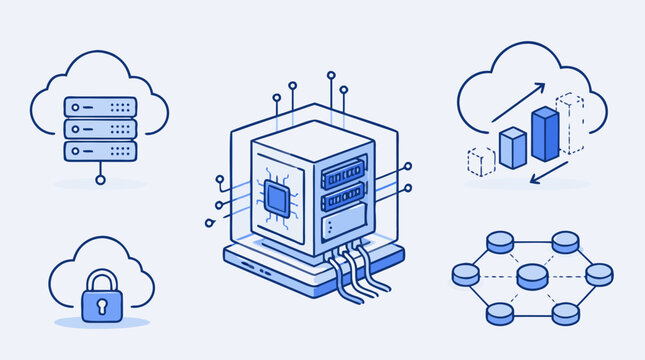 Clean flat vector illustration of cloud computing server infrastructure, security, analytics and network nodes on a light background for technology service presentations.