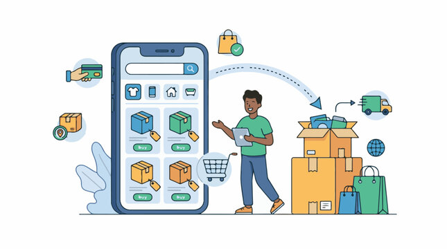 A man holding a laptop standing next to a large smartphone displaying a shopping app with various items and packages aro