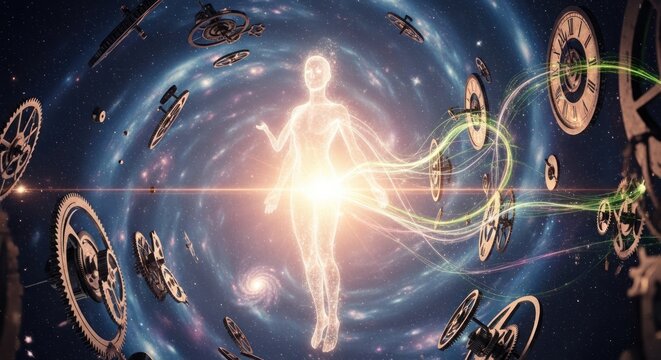 Glowing ethereal human silhouette floating in a cosmic space vortex surrounded by floating mechanical clock gears and timepieces in a surreal digital art composition of eternity