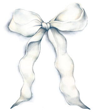 Delicate watercolor hand drawn white fabric bow, soft shadow, isolated on white background. Elegant romantic ribbon illustration for wedding invitation, gift brand. Minimalist clean simple aesthetics