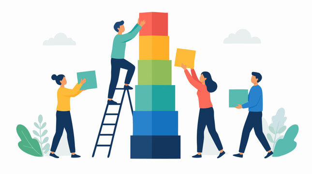 Clean flat vector illustration of a diverse team stacking colorful blocks together on a light background, ideal for teamwork, project management, and business growth concepts.