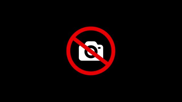 No prohibited sign animation, camera symbol forbidden red warning circle and crossed camera icon ,flat 2d illustration isolated on transparent background ,animated with alpha channel . 