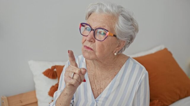 Elderly woman points finger while seated on bed in a bedroom building, wearing colorful glasses and pearl earring; disapproval.
