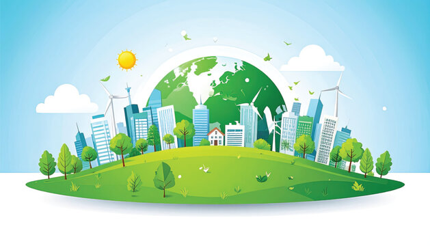 Green Earth with Cityscape Illustration.