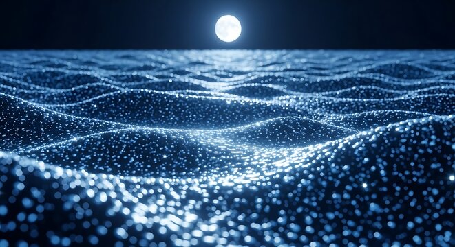 Abstract Glowing Blue Waves Under Full Moon 4b59 stock