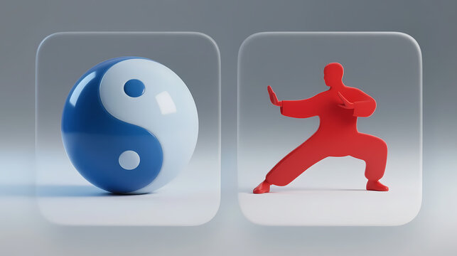 Blue and white tai chi ball with red kung fu silhouette