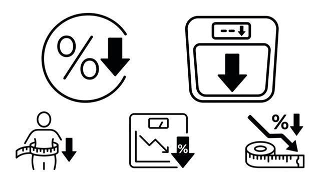A collection of icons representing weight loss and success, including a scale, percentage symbols, and a person measuring their waist