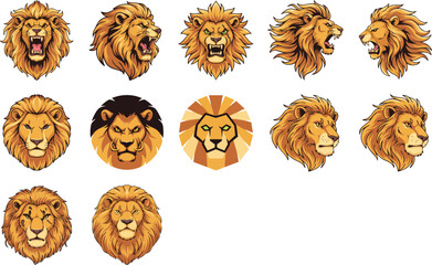Set of aggressive lion heads with vibrant orange mane in roar profile and front view for sport team mascot illustration. © Zahangir