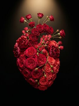 Anatomical human heart made of red roses dark floral concept medical fine art love biology vanitas