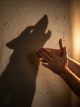 Hands forming wolf shadow puppet wall warm light concept creativity play storytelling fine art