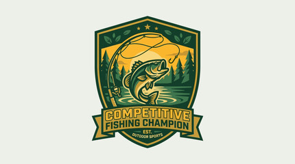 Obraz premium Fish jumping out of water with competitive fishing champion logo on green and yellow shield