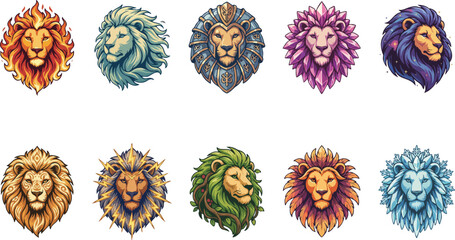 Set of ten artistic lion portraits with fantasy elements like fire lightning ice and crystals on transparent background. © Zahangir