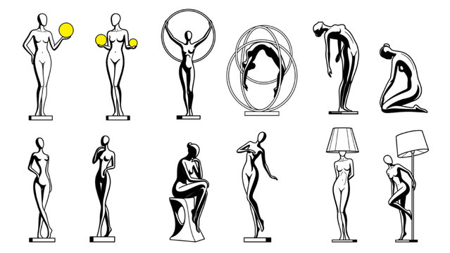 A collection of artistic sculptures depicting human figures in various poses and styles. The sculptures showcase a range of abstract and representational forms.