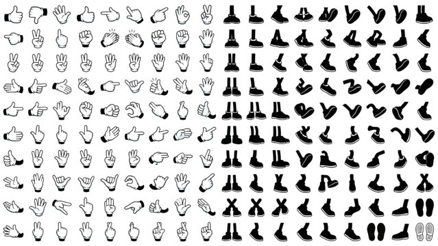 A collection of cartoon hands and feet gesturing in various poses. The hands are depicted in black and white line art, while the feet are solid black silhouettes, forming an animation resource.