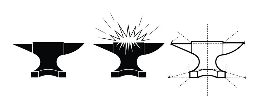 Three stylized of a blacksmith anvil showing silhouette, impact, and technical construction lines on a white background