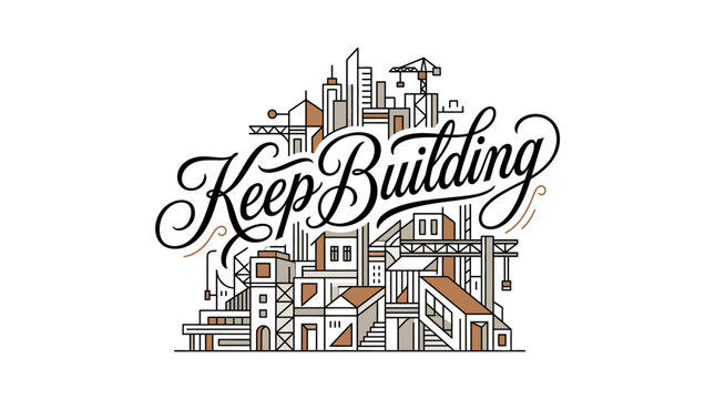 Keep Building inspirational hand lettering typography with architectural construction elements.
