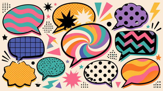 Colorful pop art speech bubbles and comic bursts in a clean flat vector illustration on a light background, ideal for messaging, advertising, social media, and promo designs.