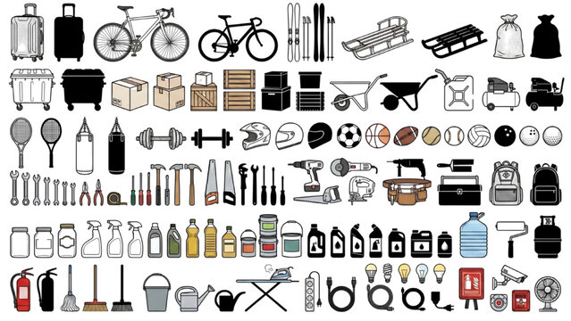 An assortment of household items, tools, and sports equipment neatly arranged, showcasing a variety of objects for everyday use and activities