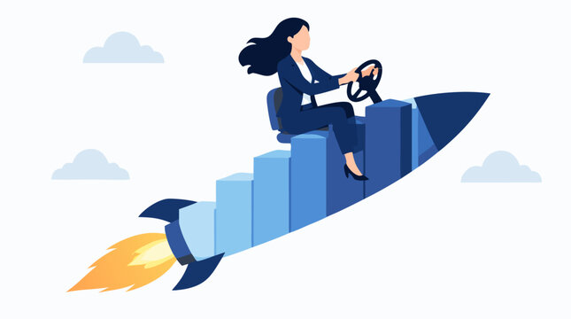 Clean flat vector illustration on a light background of a businesswoman steering a rocket shaped as a rising bar chart, ideal for startup growth and leadership concepts.