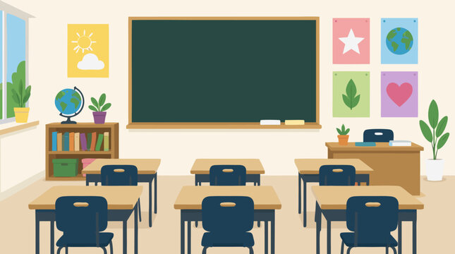 Clean flat vector illustration of a bright classroom with desks, chalkboard, plants and posters on a light background, ideal for education, school and lesson materials.