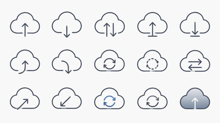 Obraz premium Clean flat vector illustration on a light background showing cloud upload, download and sync icons for web hosting, app interface, backup or data storage services.