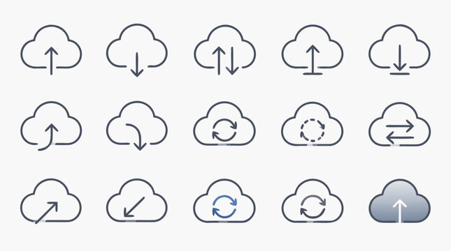 Clean flat vector illustration on a light background showing cloud upload, download and sync icons for web hosting, app interface, backup or data storage services.